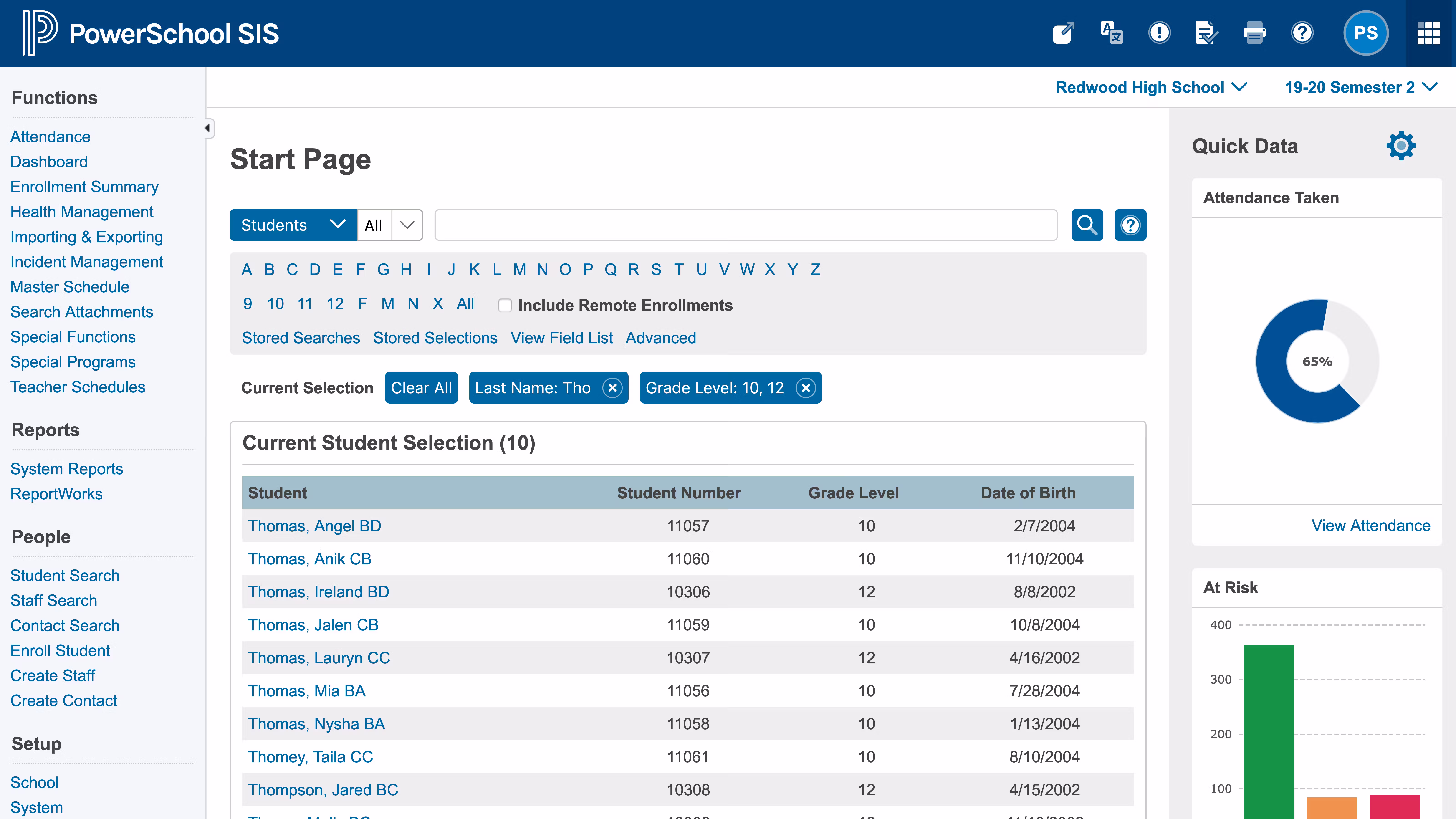 Picture of PowerSchool dash board which is a student information system used by schools to manage and store student records, grades, attendance, and teacher data.